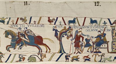 Jinetes armados del duque Guillermo llegan para escoltar a Harold, Tapiz de Bayeux de Unbekannt Unbekannt